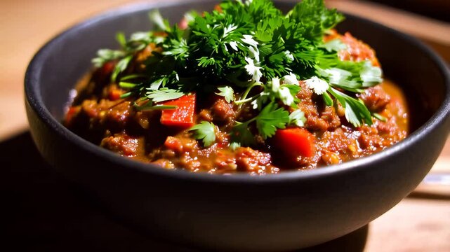 A bowl of chili and meat stew with par pars and a spoon.