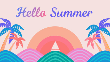 Naklejka premium Illustration of a summer scene with palm trees, waves, sunset, and a sailboat with hello summer text