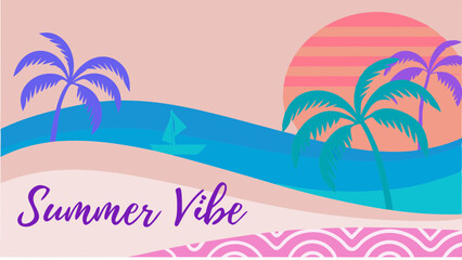 Illustration of a summer beach scene with palm trees, ocean waves, and a sailboat at sunset vibe