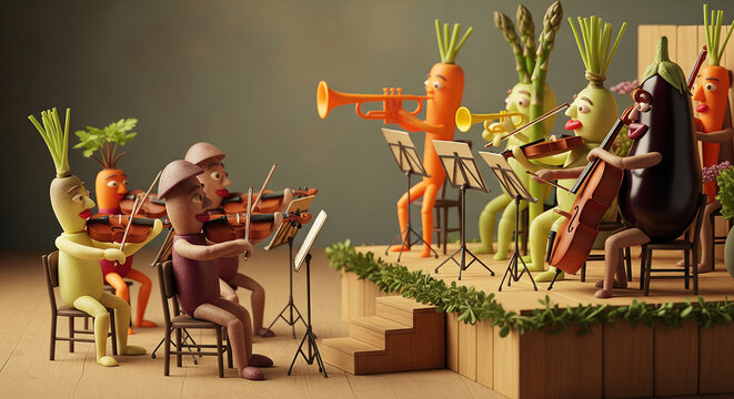 Vegetable Orchestra Playing Music (Stylized)