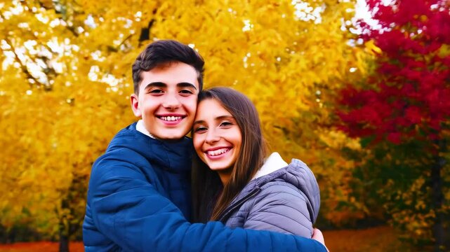 A couple hugging in front of a colorful fall tree.