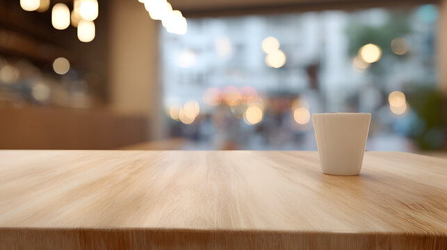 Minimalist wooden desk with coffee cup, a serene workspace for focused productivity