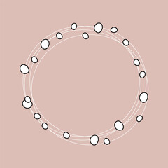 Beautiful abstract frame with white spots with  black outline on  beige background. Round frame, romantic gentle concept. Flat design. One icon isolated on  beige background.
