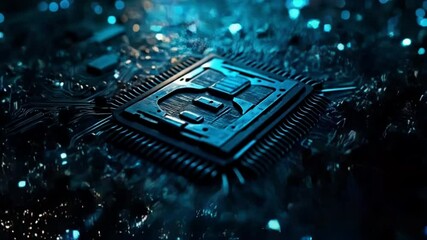 Close up of a blue computer chip on a circuit board with glowing blue lights around it background texture video - Powered by Adobe