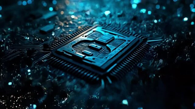 Close up of a blue computer chip on a circuit board with glowing blue lights around it background texture video