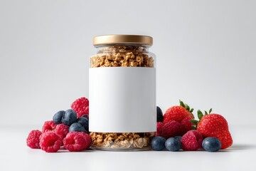 Glass jar of organic granola with blank label  surrounded by raspberries, blueberries and strawberries with soft light, Concept of Organic food, Healthy food, Homemade