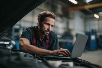 Car mechanic is focused on using laptop while working on vehicle in garage. environment is industrial, showcasing tools and equipment, reflecting dedicated and professional atmosphere