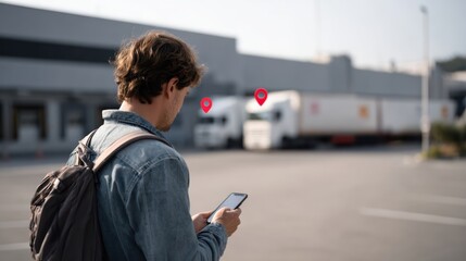Young man is using his smartphone to track logistics while standing in parking area with trucks in background, showcasing blend of technology and transportation