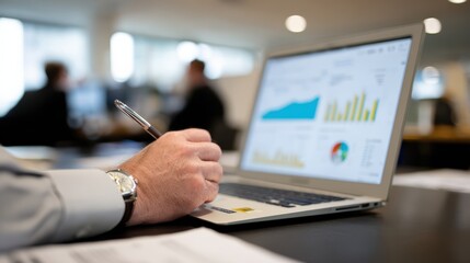 Business analyst using AI software to create visual data representations on laptop, showcasing graphs and charts. environment is modern and collaborative, reflecting professional atmosphere