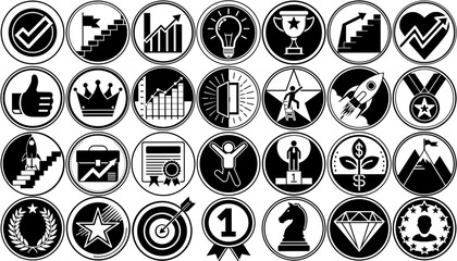 Icon collection representing success and achievement in various fields  