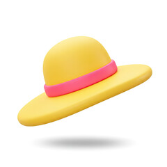 Fototapeta premium Yellow Straw Hat with Pink Band 3d icon in cartoon plastic style minimal isolated on transparent white background, clipping path