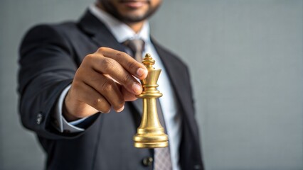 Man in suit holding golden king chess piece against gray background, leadership idea