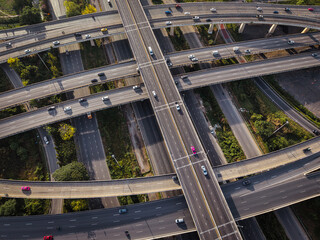 Aerial view morning city transport junction x cross road with vehicle movement