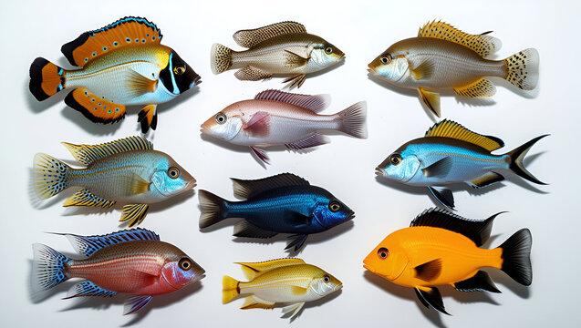 Collection of African cichlids from Lake Malawi and Victoria on a clean white isolated background, such as peacock, compressiceps, livingstoni, mbuna, and nyererei.