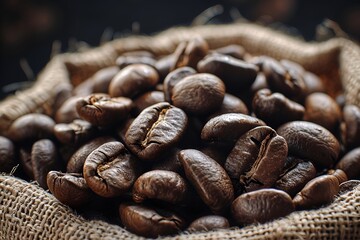 A close-up shot of coffee beans in a burlap sack, their rich brown tones and oily surfaces perfectly captured. Each bean promises a perfect espresso. 40k, full ultra hd, high resolution