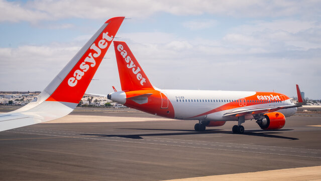 LANZAROTE, SPAIN- Easyjet aircraft at Lanzarote airport. British low cost airline.  