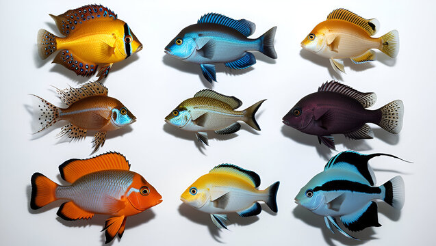Set of vibrant cichlid fish from Lake Malawi and Lake Victoria on a white background, including peacock, compressiceps, livingstoni, mbuna, and nyererei.