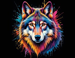Un lobo en un estilo de retrato vibrante y colorido, sobre un fondo negro