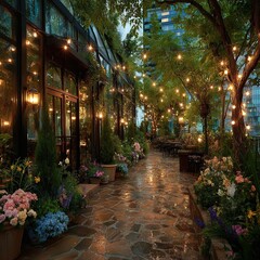 Fototapeta premium City Patio Garden Lights Evening.