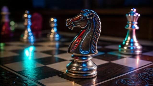 Metal knight chess piece on board under colored lights, close-up shot