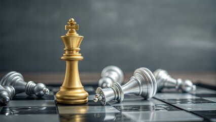Gold king chess piece on board with fallen silver pieces representing conflict and leadership