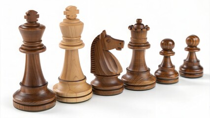 Complete set of wooden chess pieces isolated on white background