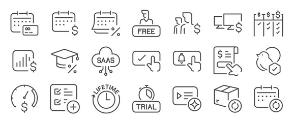Saas icon set. It included subscription, package, renew, software as a service and more icons. Editable Vector Stroke.