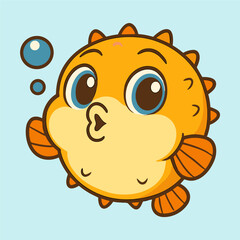 Cute pufferfish cartoon blow fish illustrations blows bubble kisses