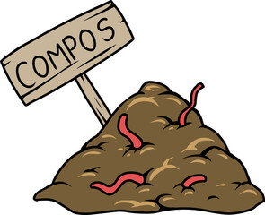 Cartoon compost pile with worms and wooden sign