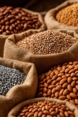 Fototapeta premium Colorful assortment of raw seeds in burlap sacs ready for culinary use or gardening.