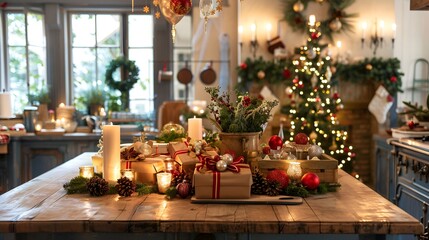 kitchen island decorated for Christmas with a mix of gift boxes, ornaments, and candlelight.