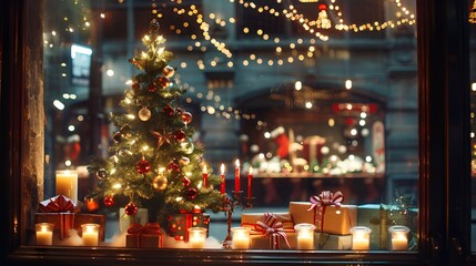 window display featuring a small Christmas tree, presents, hanging ornaments, and lighted candles.