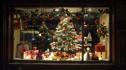 window display featuring a small Christmas tree, presents, hanging ornaments, and lighted candles.