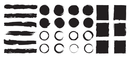 Black set of paint, circle, ink brush, brush strokes, lines, frames, grungy. Straight Black Brush Strokes Set. Rectangle, circle and line brush strokes, grunge design element. Vector illustration.  