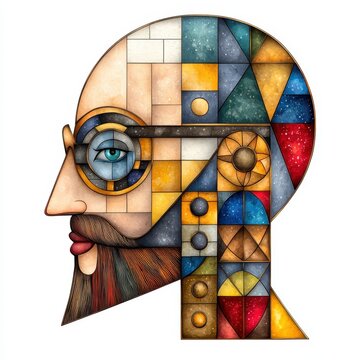 Geometric portrait of a man with goggles, beard, and a head composed of colorful mosaic patterns against a white background