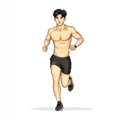 Fototapeta premium Pixel art illustration of a muscular man jogging, wearing black shorts against a white background. He has short dark hair and is shown mid stride