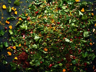 A vibrant mix of herbs and spices, including green parsley, red chili powder, and yellow turmeric, 