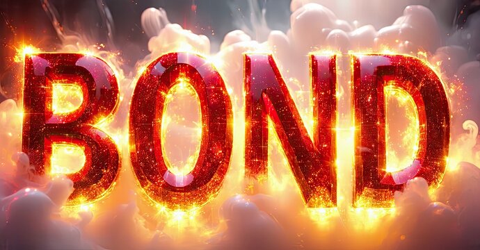 Fiery text spells BOND. Dramatic clouds, intense glow, bold lettering create powerful visual impact. Red, orange hues dominate composition.