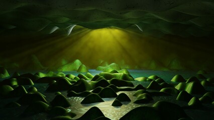Hollow Earth underground cave ecosystem.  Ancient subterranean cave deep below Earth's surface.
Ecosystem in center of Earth. Hollow Earth theory concept. Exoplanet cave. 3d render illustration.