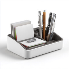 A desktop organizer tray with pens, paper clips, and notepad