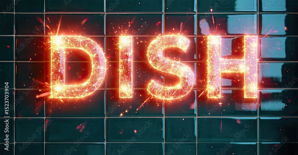 Poster bright word dish glows against tiled wall. sparks radiate from fiery lettering, creating dynamic vis