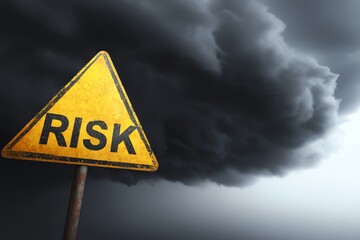 A triangular yellow sign warning of risk against a backdrop of ominous dark storm clouds, symbolizing danger and uncertainty in environmental conditions.