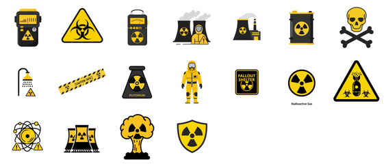 Radiation hazard icon set for safety manuals, science infographics and nuclear facility designs