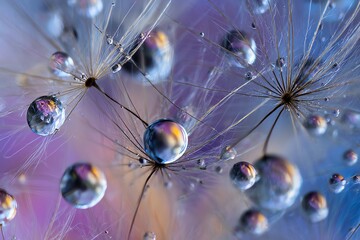 Macro image of dandelion seeds with water droplets reflecting colorful light. Delicate and artistic, showcasing nature's beauty in detail.