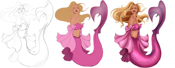 Blonde mermaid in pink. Three stages