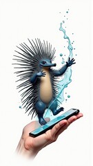 Whimsical echidna character emerges from a smartphone in a human hand with a splash of water.