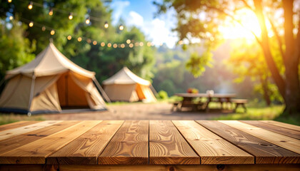 Camping tent and brown empty wooden table in the background.