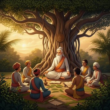 Ancient Gurukul Scene &ndash; Sage Teaching Disciples Under Banyan Tree at Sunset
Beautifully detailed illustration depicting a traditional Gurukul setting from ancient India
