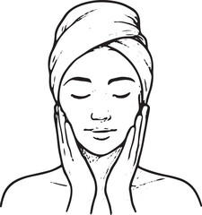 A hand-drawn sketch of a serene woman with a towel wrapped around her head, symbolizing spa relaxation and facial care in a minimalist black-and-white style
