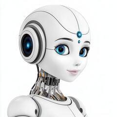 Close up portrait of a female robot with white skin, blue eyes, and metallic components. The robot has a friendly expression and is set against a